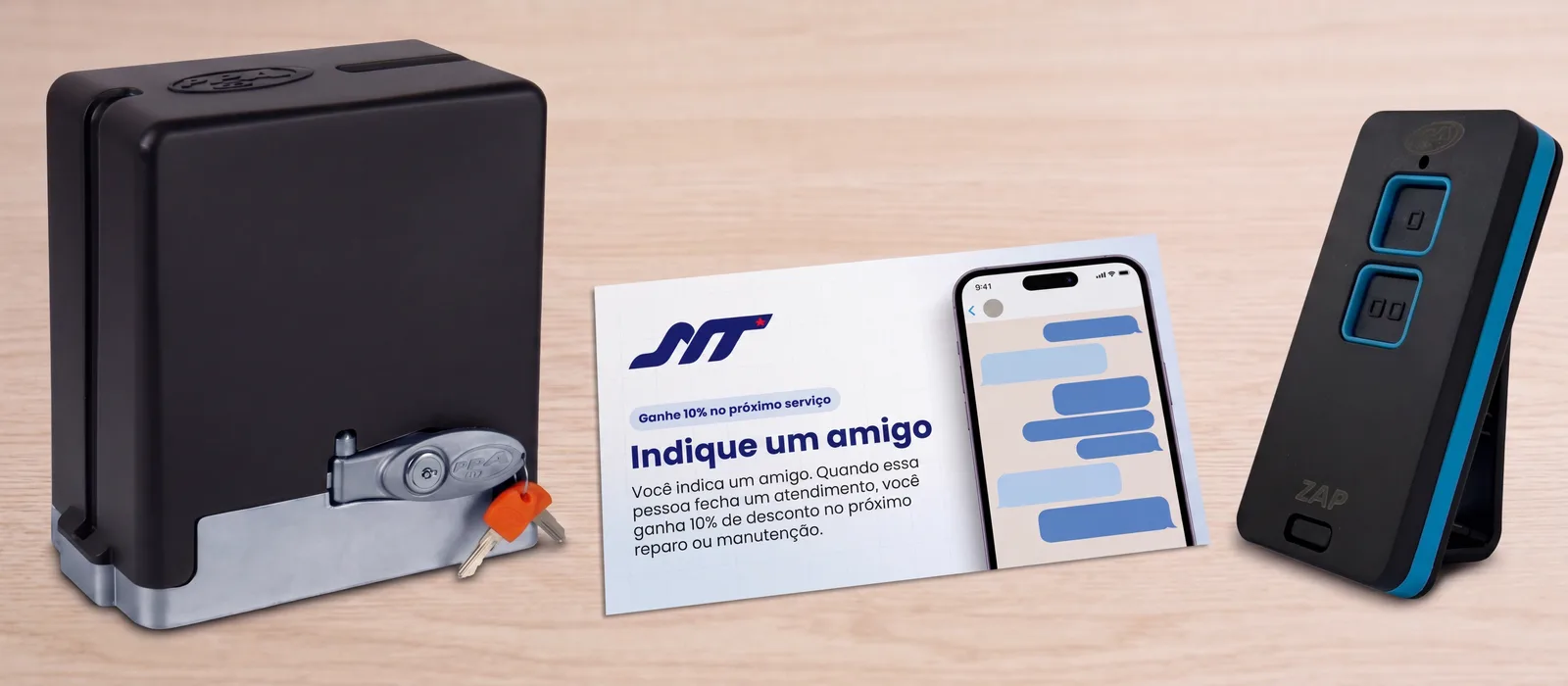 Controle remoto, celular e cartão de indicação para compartilhar o serviço