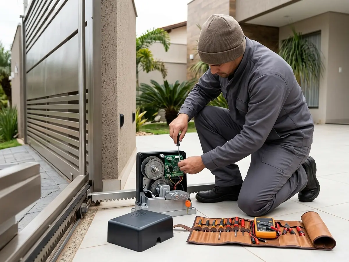 Técnico instalando motor de portão residencial