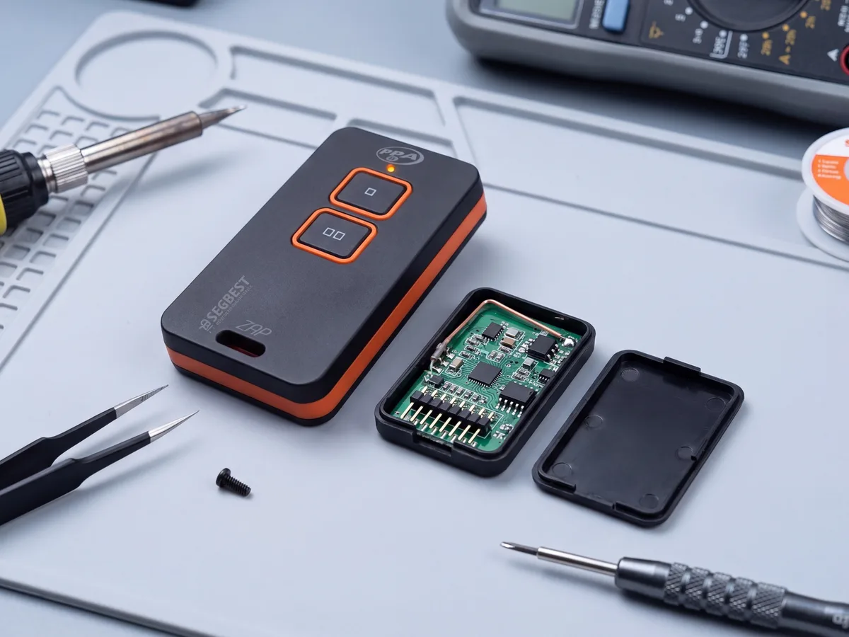 Controle remoto e receptor aberto em mesa técnica